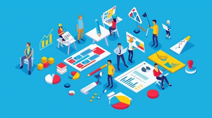 Team with contemporary arrangement, isometric vector illustration isolated on blue background.