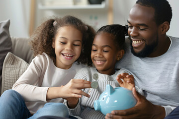 a man and two girls putting coins into a piggy bank - Powered by Adobe
