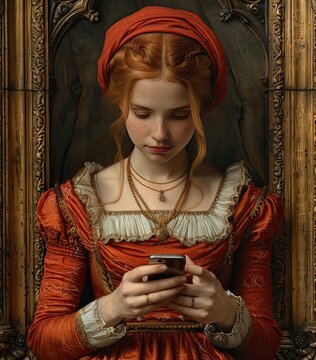 Old painting with a baroque golden frame of a woman with renaissance clothes is looking down at her mobile phone