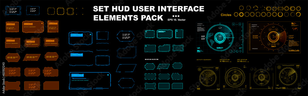 Poster Set of HUD elements frames, windows, dialog frames, radars, sights and circles for the HUD user interface. Modern dialog boxes, frames and interface elements. Big vector set of HUD elements
