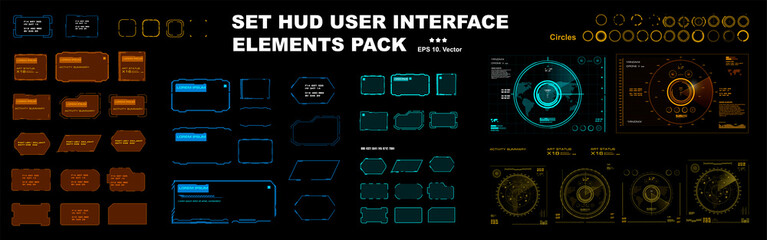 Set of HUD elements frames, windows, dialog frames, radars, sights and circles for the HUD user interface. Modern dialog boxes, frames and interface elements. Big vector set of HUD elements