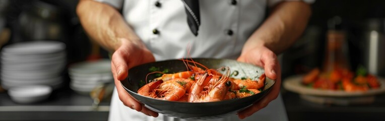 A chef in uniform is seen holding a bowl filled with freshly cooked shrimp, showcasing their culinary skills
