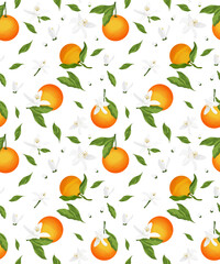 Seamless Pattern of Neroli. Flowers, buds, fruit and leaves of orange blossom. Vector drawing.