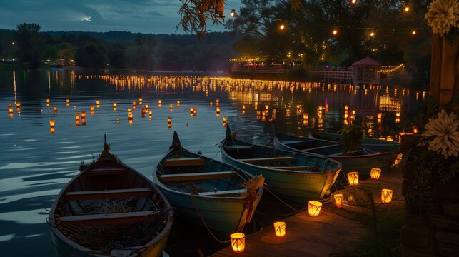 A tranquil lakeside with decorated boats awaits visitors for a luminaria festival, promising enchantment.