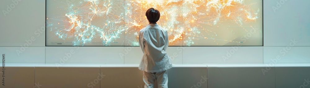 Poster it scientist presenting machine learning data on a large interactive screen in a modern lab