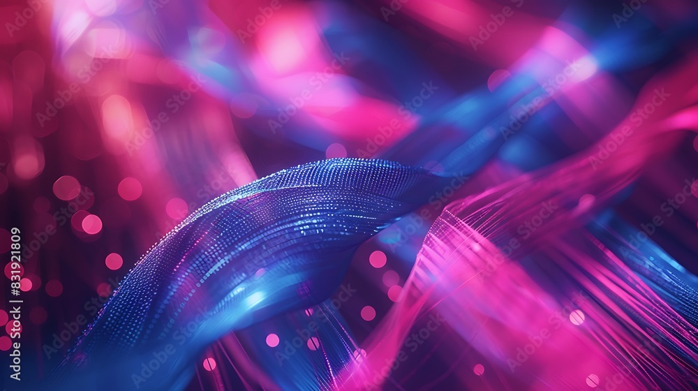 Poster pink and blue neon threads weaving through a bokeh light loom, creating a digital fabric