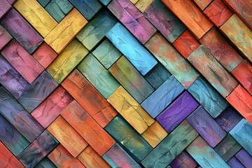 An array of vibrant, multi-colored bricks, meticulously arranged in a patterned layout, captured in high-resolution digital art, conveying a modern, dynamic feel