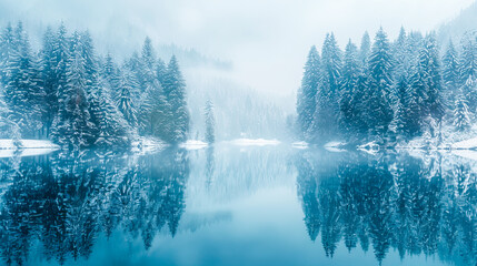 Serene winter lake and snowcovered pines