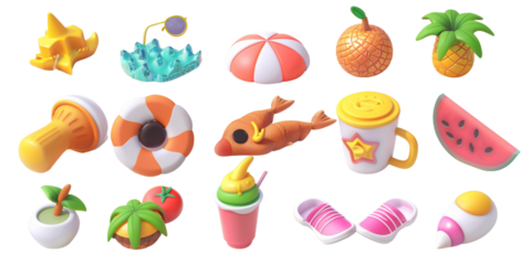 Summer elements 3d icon set clipart isolated white on background