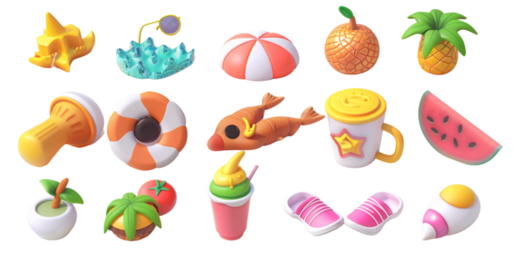 Summer elements 3d icon set clipart isolated white on background