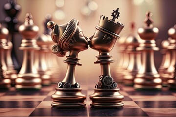 chess pieces queen and king kissing, valentine day style, conceptual art