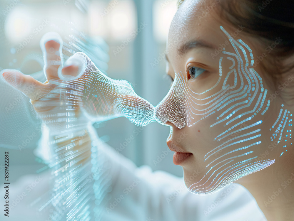 Poster scientist integrating machine learning systems with futuristic digital graphs and charts