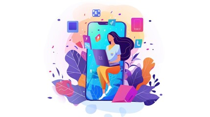 Remote working concept with online illustration in modern workplace