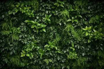 Obraz premium A dense, lush green foliage background with dark and moody lighting. The leaves create an intricate pattern of textures and shapes, creating depth in the visual composition.
