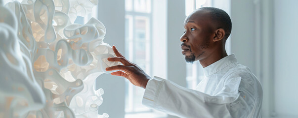 IT expert demonstrating deep learning techniques using a holographic interface