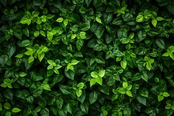 Obraz premium A dense, lush green foliage background with dark and moody lighting. The leaves create an intricate pattern of textures and shapes, creating depth in the visual composition.