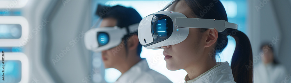 Poster team of scientists exploring ai innovations with advanced computer setups and vr elements