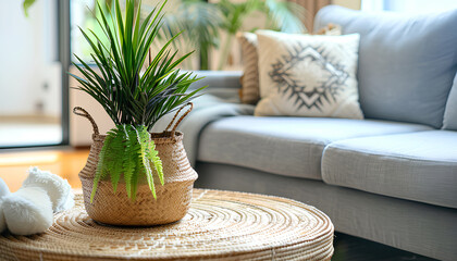 Wooden coffee table with with houseplant and wicker basket near