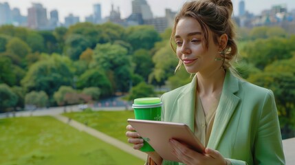Fototapeta premium A corporate young woman with a green disposable coffee cup and a tablet in her hands, against the backdrop of a large green park in the middle of an urban setting, wearing a light green blazer.