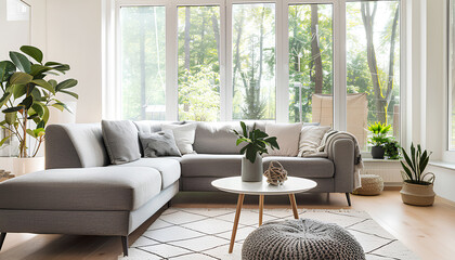 Interior of light living room with grey sofas, coffee table and