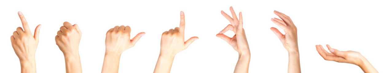 Set of woman hands showing different gestures, pointing and showing signs