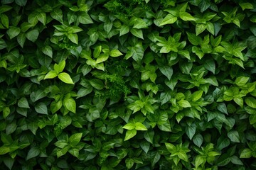 Obraz premium A dense, lush green foliage background with dark and moody lighting. The leaves create an intricate pattern of textures and shapes, creating depth in the visual composition.