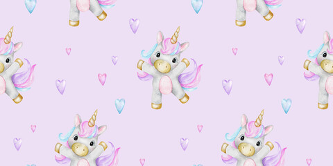 Print of cute little unicorns and hearts. Background of baby ponies. Watercolor hand drawn seamless pattern for children's rooms, goods, clothes, postcards, baby shower and nursery, fabric