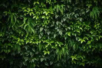 A dense, lush green foliage background with dark and moody lighting. The leaves create an intricate pattern of textures and shapes, creating depth in the visual composition.