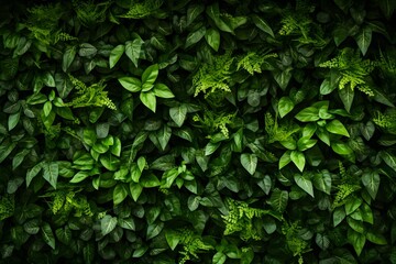 Obraz premium A dense, lush green foliage background with dark and moody lighting. The leaves create an intricate pattern of textures and shapes, creating depth in the visual composition.