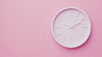 Close-up of a white wall clock against a pale pink backdrop. The wall-mounted white wall clock is in place. A flat lay minimalistic, clock set against a pink backdrop. copy space.
