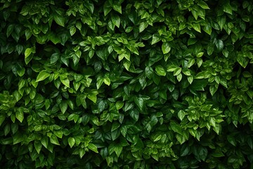 Obraz premium A dense, lush green foliage background with dark and moody lighting. The leaves create an intricate pattern of textures and shapes, creating depth in the visual composition.