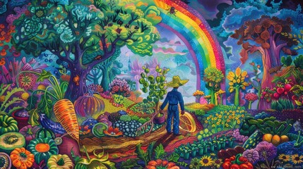 Fototapeta premium Beneath the canopy of a towering rainbow, an eccentric farm worker joyfully gathers a kaleidoscope of magical vegetables from his enchanted farm, each pluck a testament to the boundless creativity