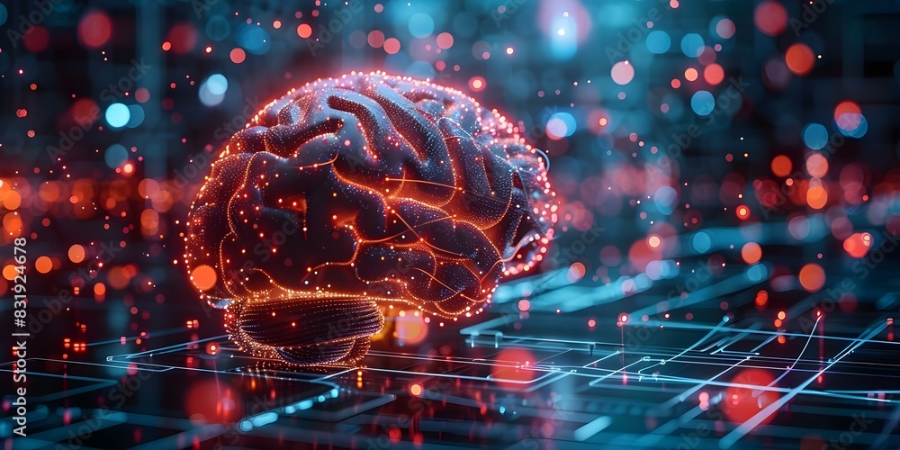 Poster digital brain visualization enhances human intelligence and creativity in technology sectors. concep