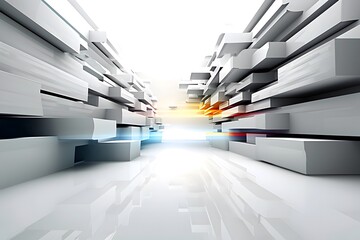 Abstract futuristic technology background with blue and white elements, dynamic motion blur effect, light rays, and a modern cityscape. Abstract digital design for business or science concepts. High r