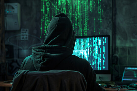 a person in a hoodie looking at a computer screen