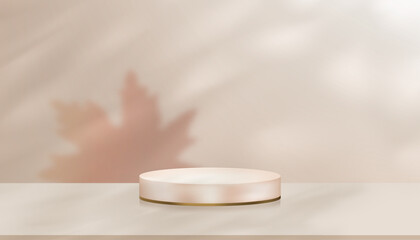 Autumn background,Fall Studio Background Podium Display Stan with Maple Shadow leaf on Beige Wall,Minimal Scene for Thanksgiving Advertising,Vector Template Platform banner for Product Sale,Promotion