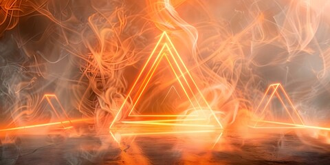 Neon triangle in virtual geometric tunnel creates abstract background. Concept Abstract Art, Neon Geometry, Virtual Reality, Digital Design, Futuristic Backgrounds