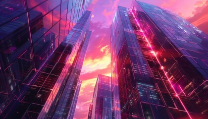 Design a futuristic skyscraper with a glassy facade reflecting a sunset sky, showcasing intricate interior structures in neon lights