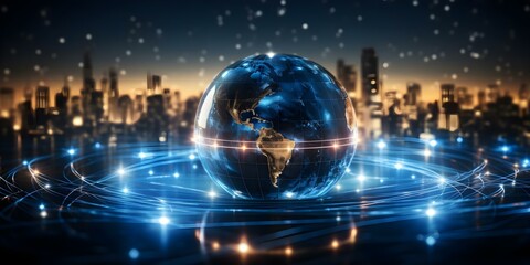Fototapeta premium Global tech sector concept art showing innovation and connectivity in digital world. Concept Tech industry, Innovation, Connectivity, Digital world, Concept art