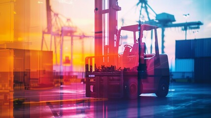 Heavy machinery for material handling close up, focus on, copy space, vibrant colors, Double exposure silhouette with forklifts