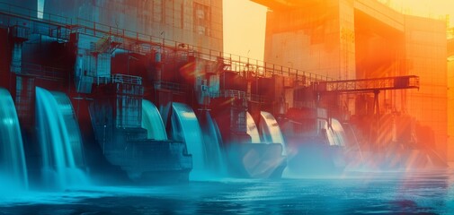 Hydropower plant operations close up, focus on, copy space, vibrant colors, Double exposure silhouette with water turbines