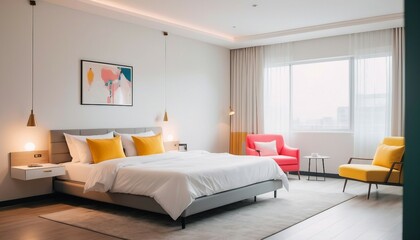 minimalist hotel room with white sheets and colorful furniture. 