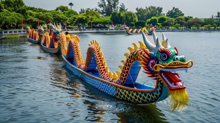 Obraz premium Dragon boats, vibrantly painted, line up on a calm river, eagerly awaiting the Dragon Boat Festival race.