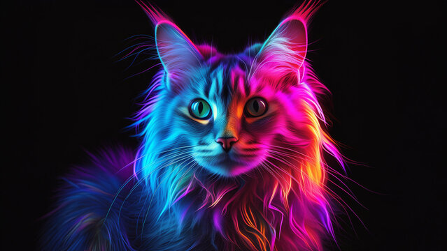 Glowing neon rainbow cat on black background