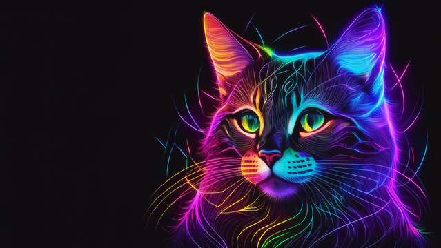 Glowing neon rainbow cat line design on black background