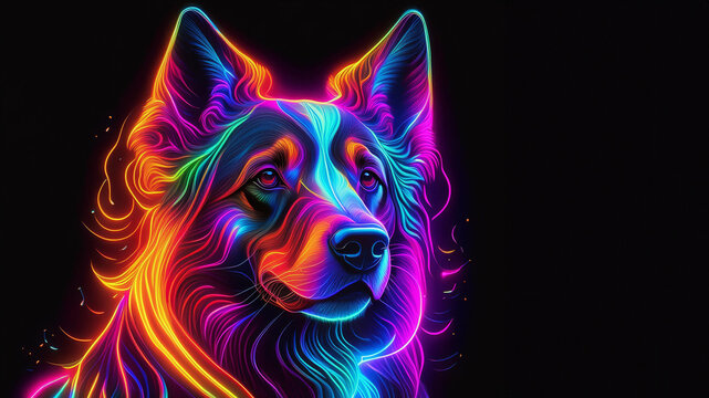 glowing neon rainbow border collie dog on black background