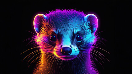 Glowing neon rainbow ferret on black background