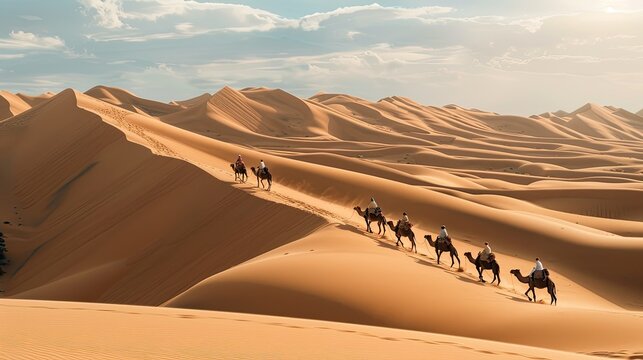 A caravan of camels traversing the rolling sand dunes, illustrating the traditional way of life in the desert