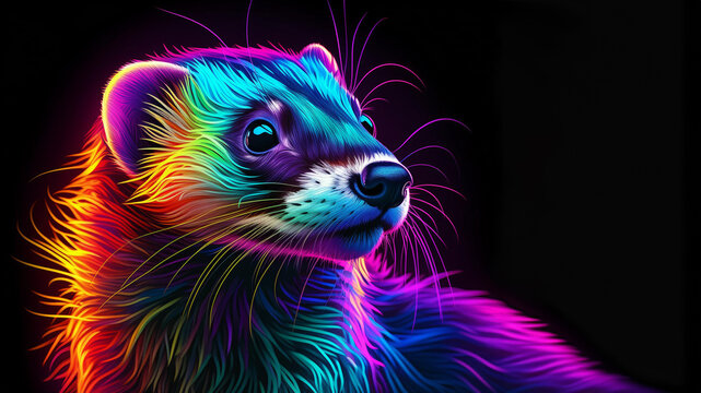 Glowing neon rainbow ferret line design on black background