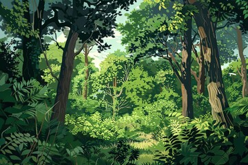 Fototapeta premium A vibrant painting portraying a lush green forest teeming with a multitude of towering trees, creating a serene and enchanting atmosphere. Generative AI